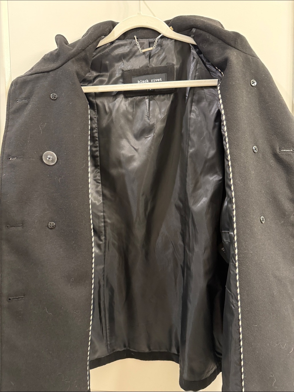 Black Rivet Black Double-Breasted Pea Coat with Wide Collar - Picture 4 of 6